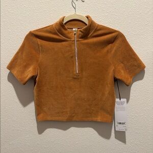 Alo corduroy cropped zip mock neck top toffee NWT S